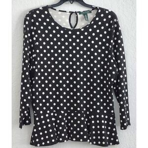 Top/Blouse-Lauren-Ralph Lauren-Black-Cream Polka Dot-Flared Bottom-Size LRG